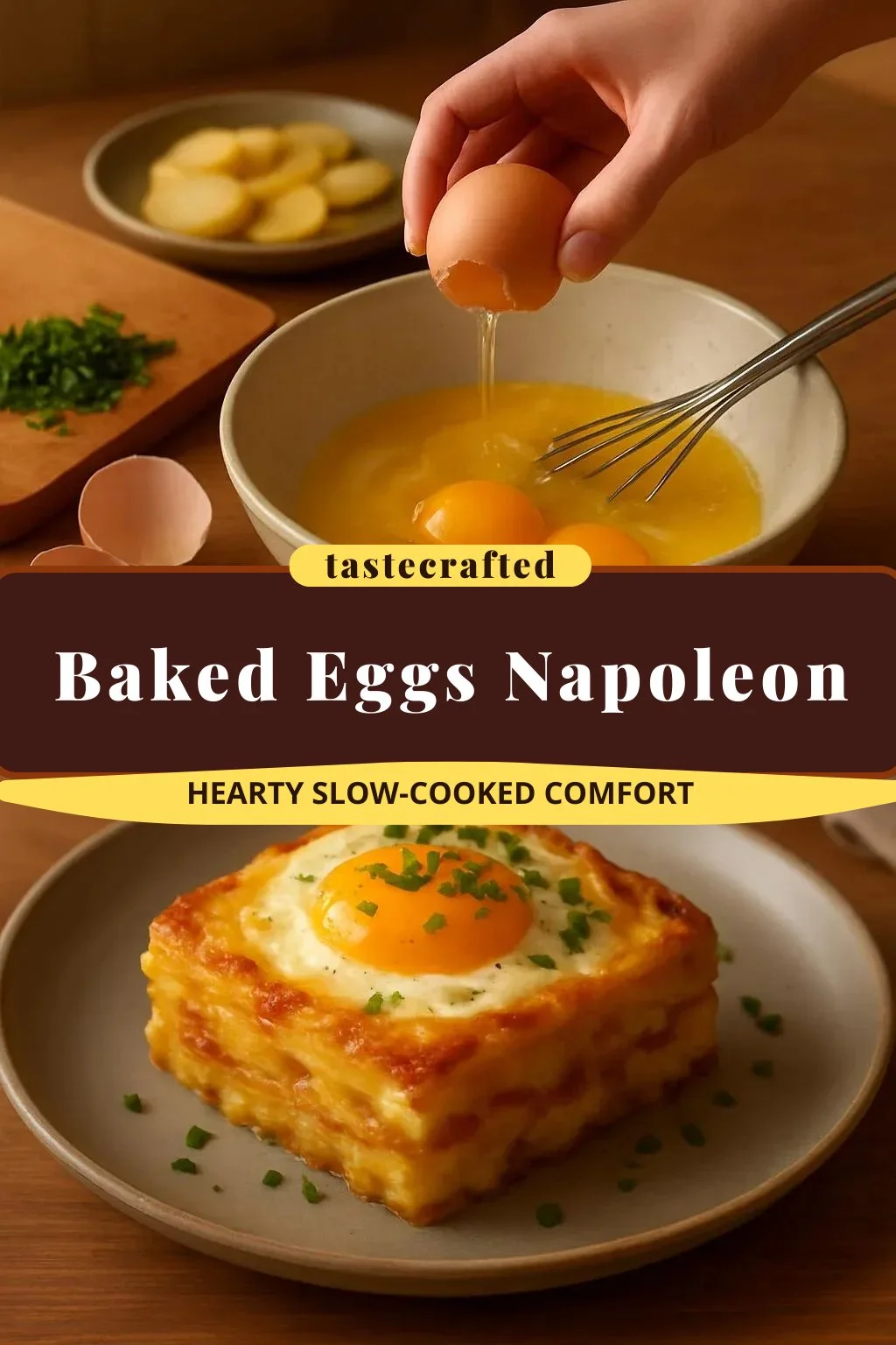 Delicious Baked Eggs Napoleon served in a beautiful dish.