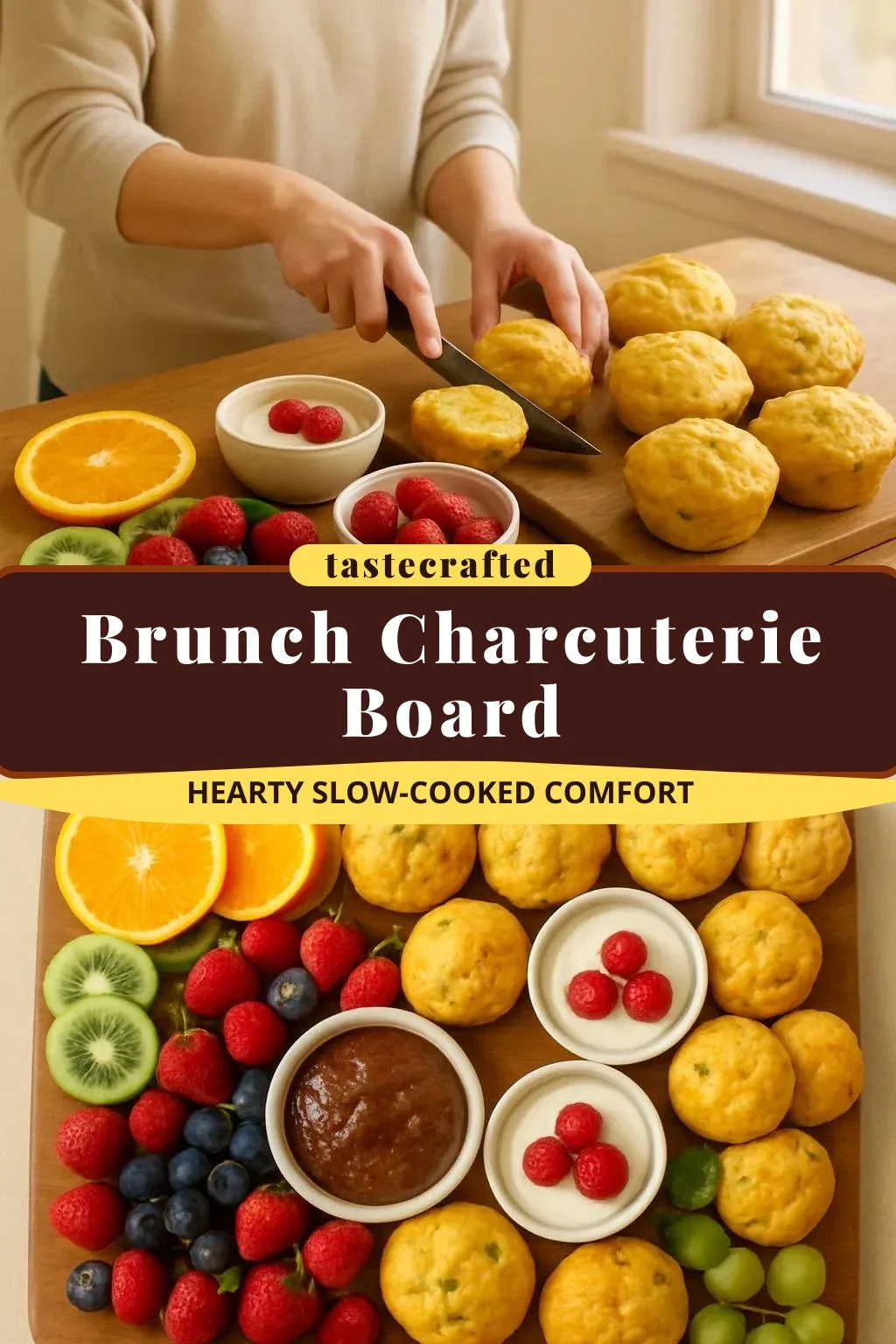 Brunch charcuterie board with assorted meats, cheeses, fruits, and spreads