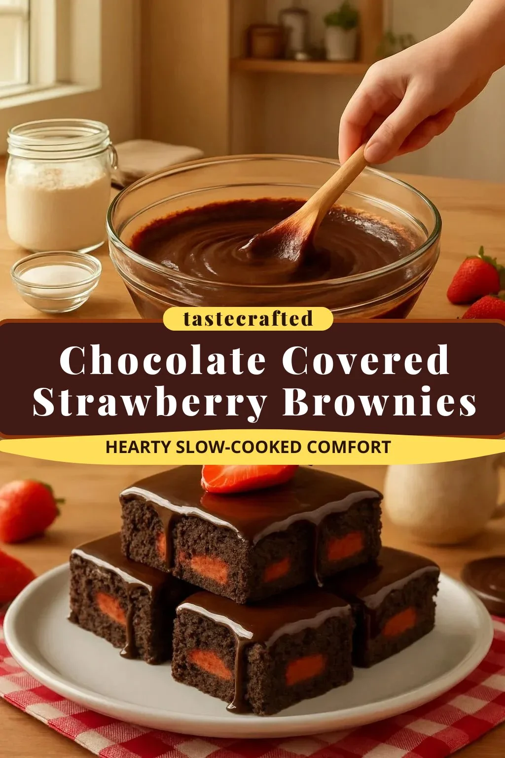 Chocolate covered strawberry brownies topped with fresh berries and chocolate drizzle.