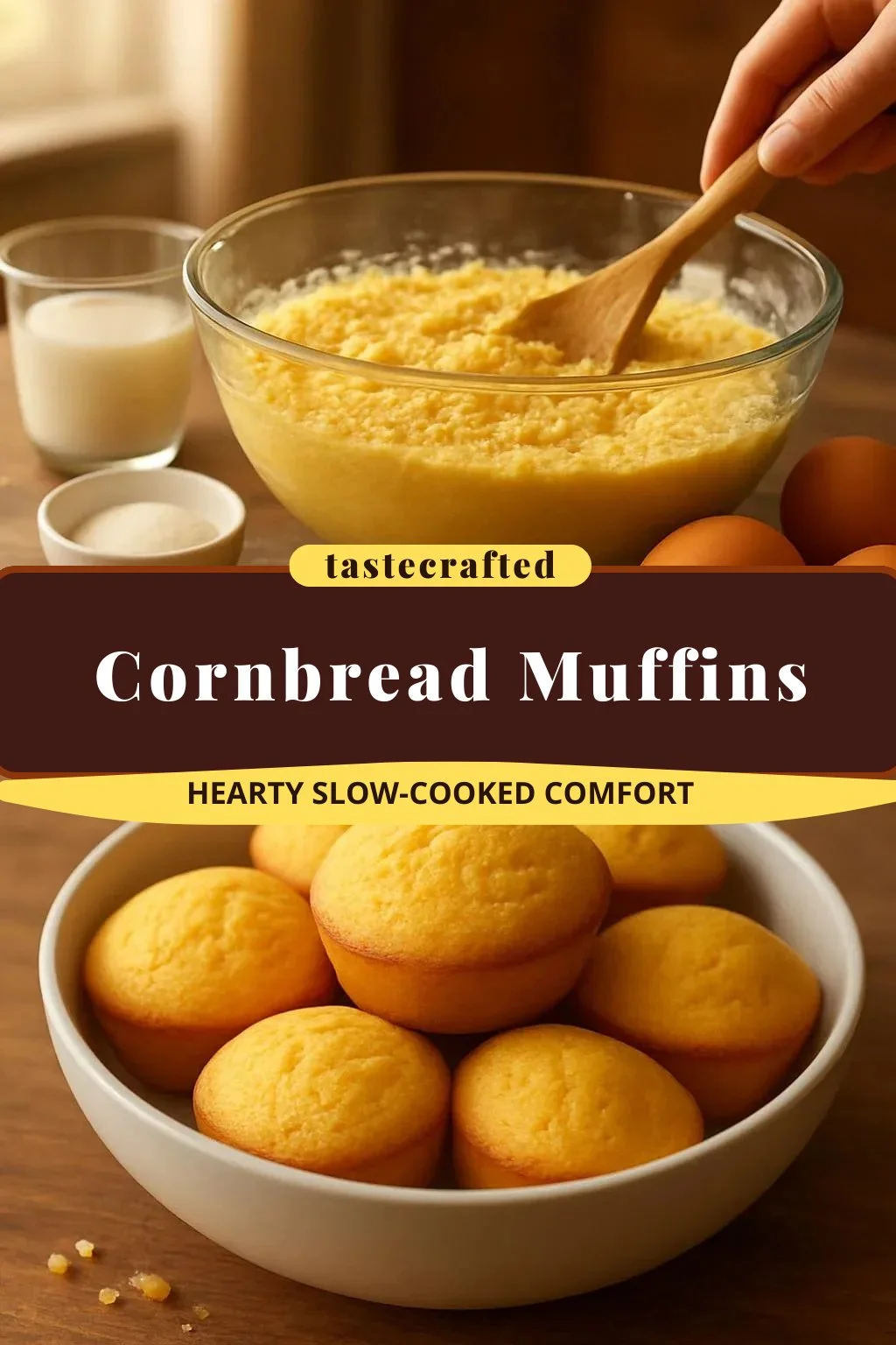 Freshly baked cornbread muffins on a wooden table