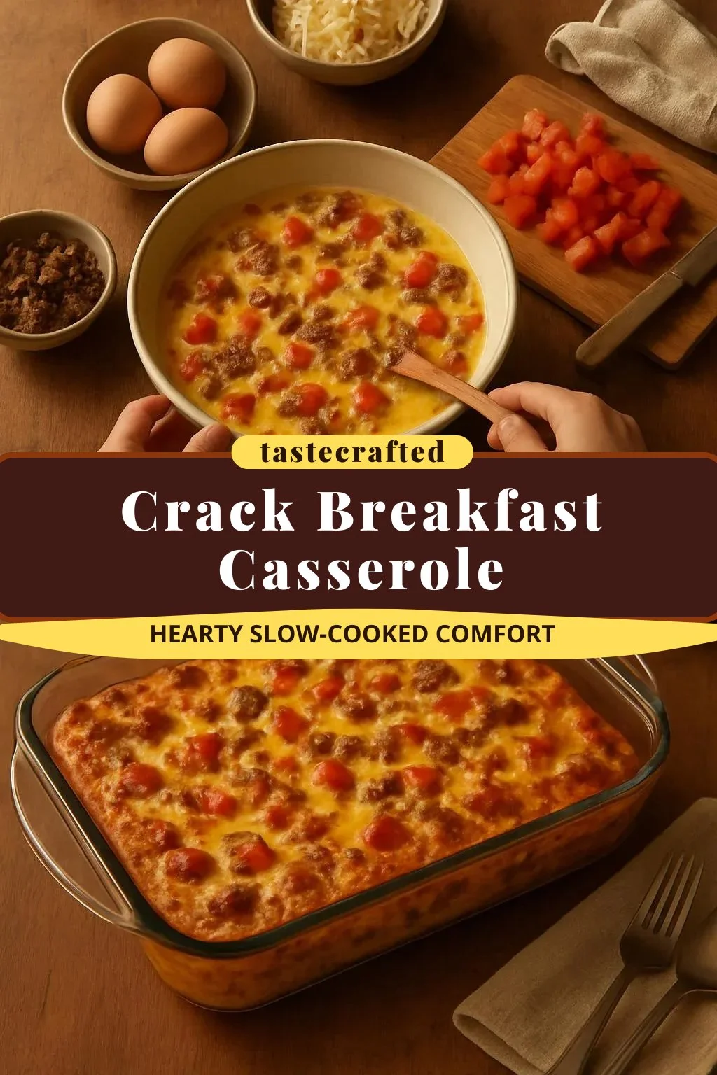Delicious Crack Breakfast Casserole topped with cheese and herbs served in a dish.