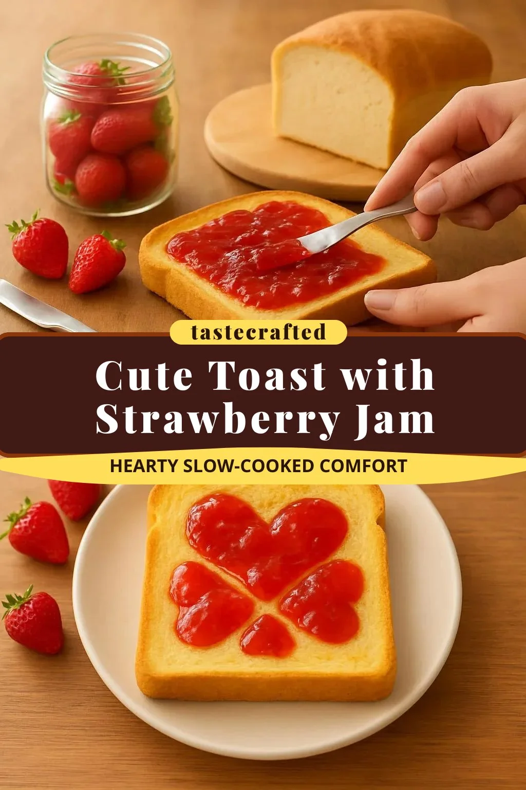 Cute toast slice spread with strawberry jam for a colorful breakfast.