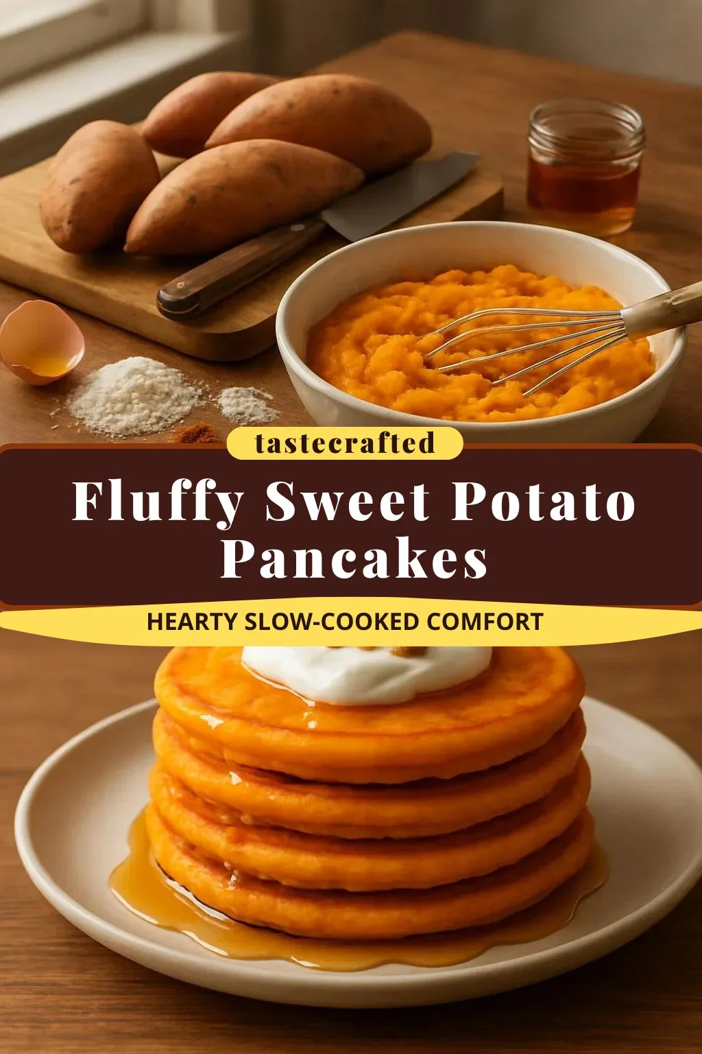 Stack of fluffy sweet potato pancakes topped with syrup and butter