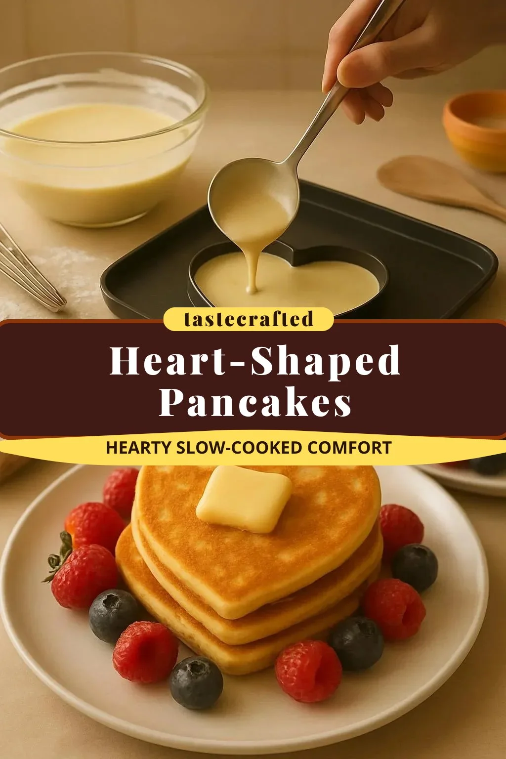 Delicious heart-shaped pancakes served with syrup and berries.