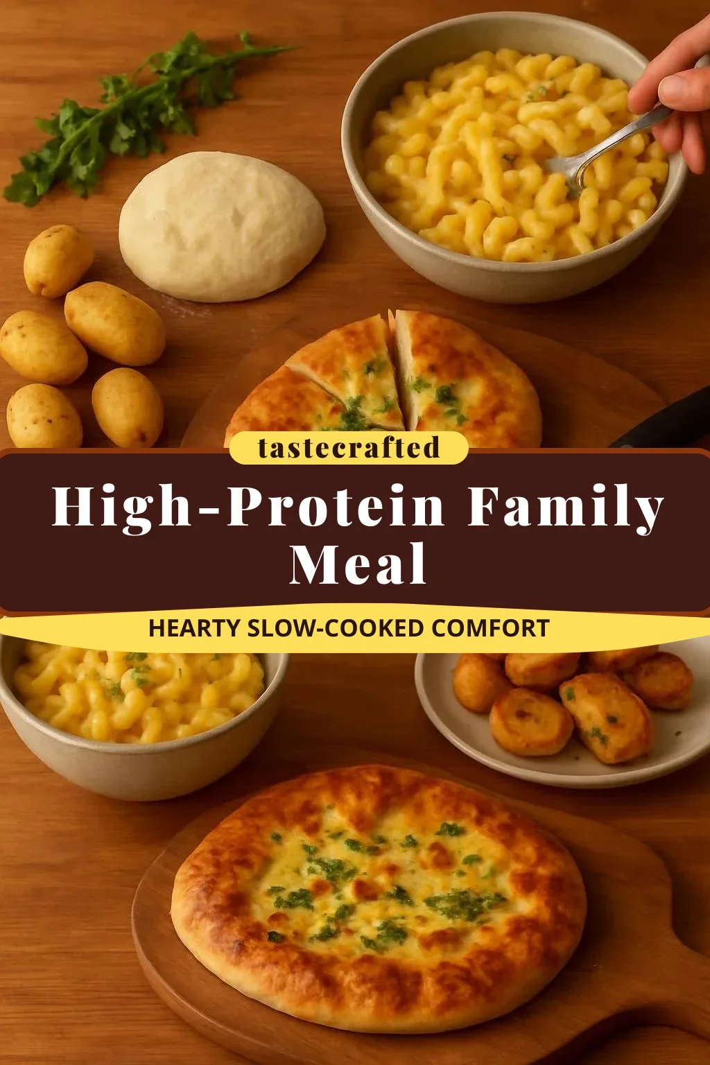 High-protein family meal showcasing nutritious ingredients on a dinner table.