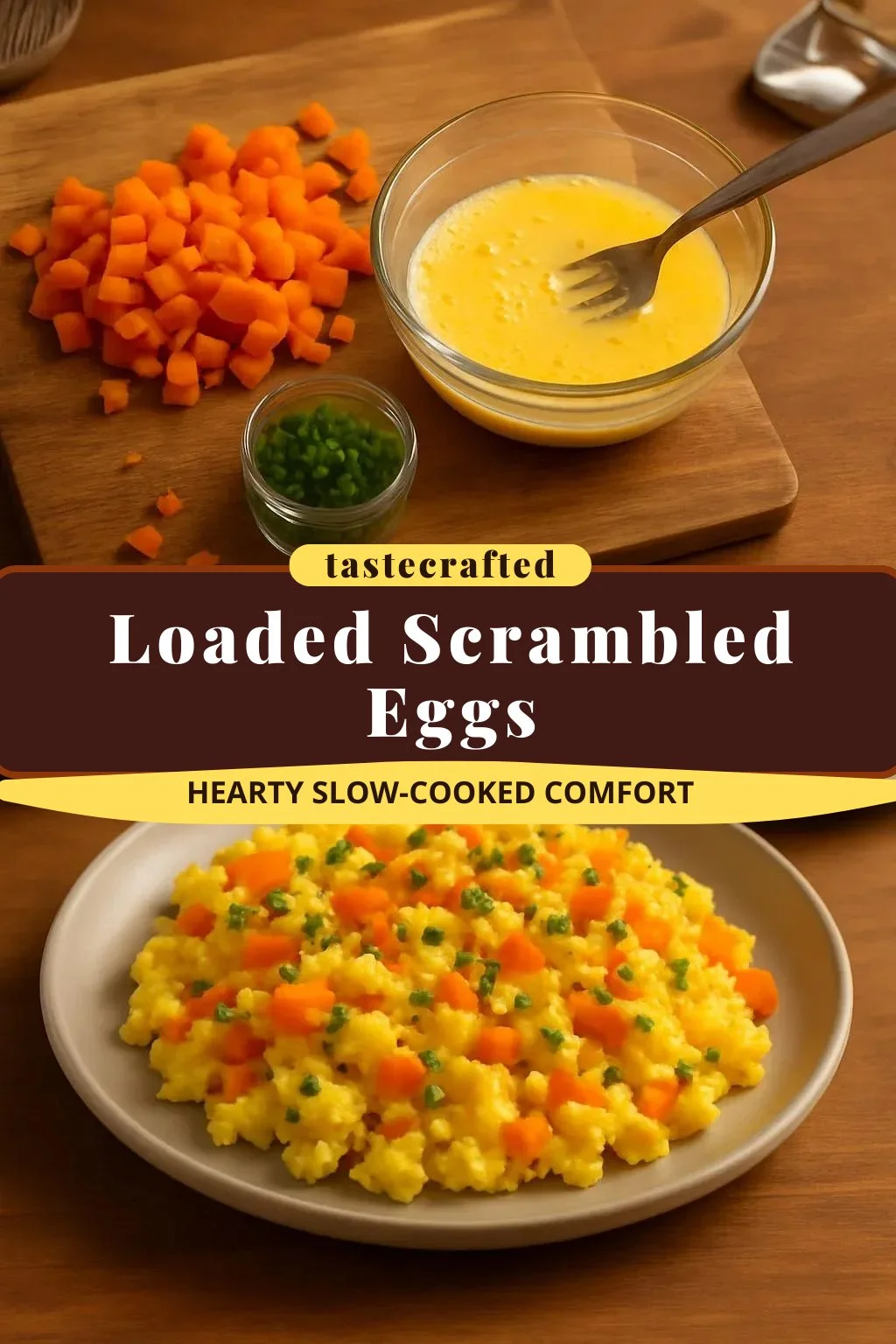 Delicious loaded scrambled eggs topped with vegetables and cheese