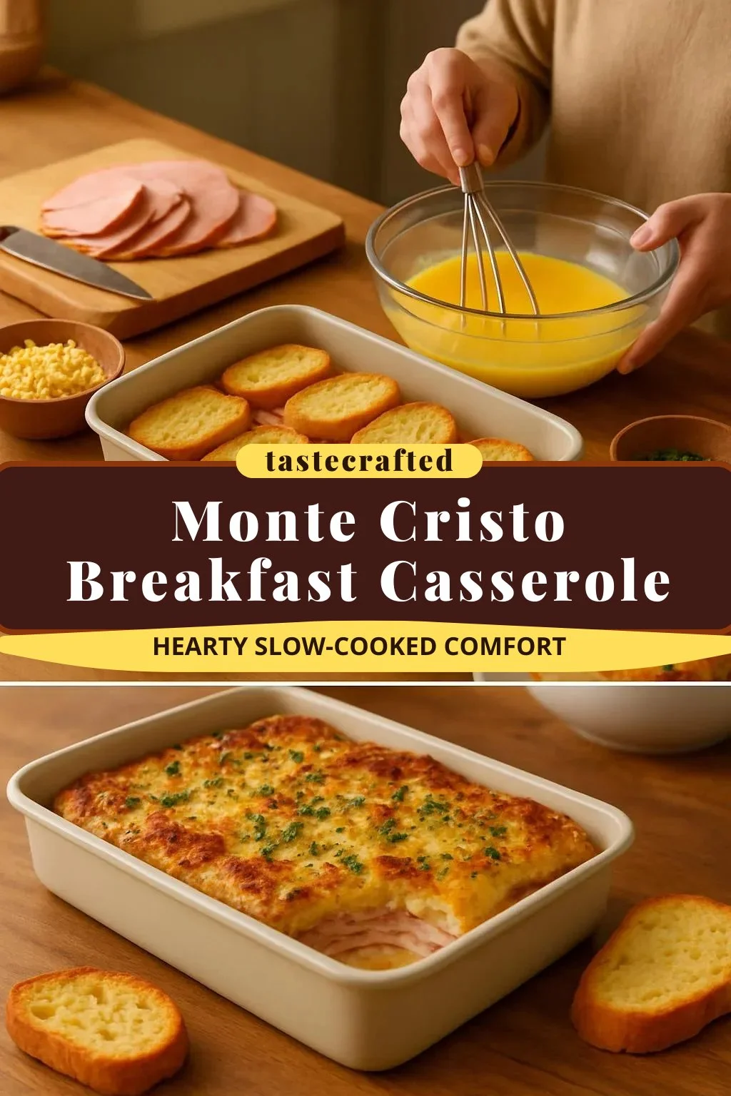 Monte Cristo Breakfast Casserole served with syrup and berries.