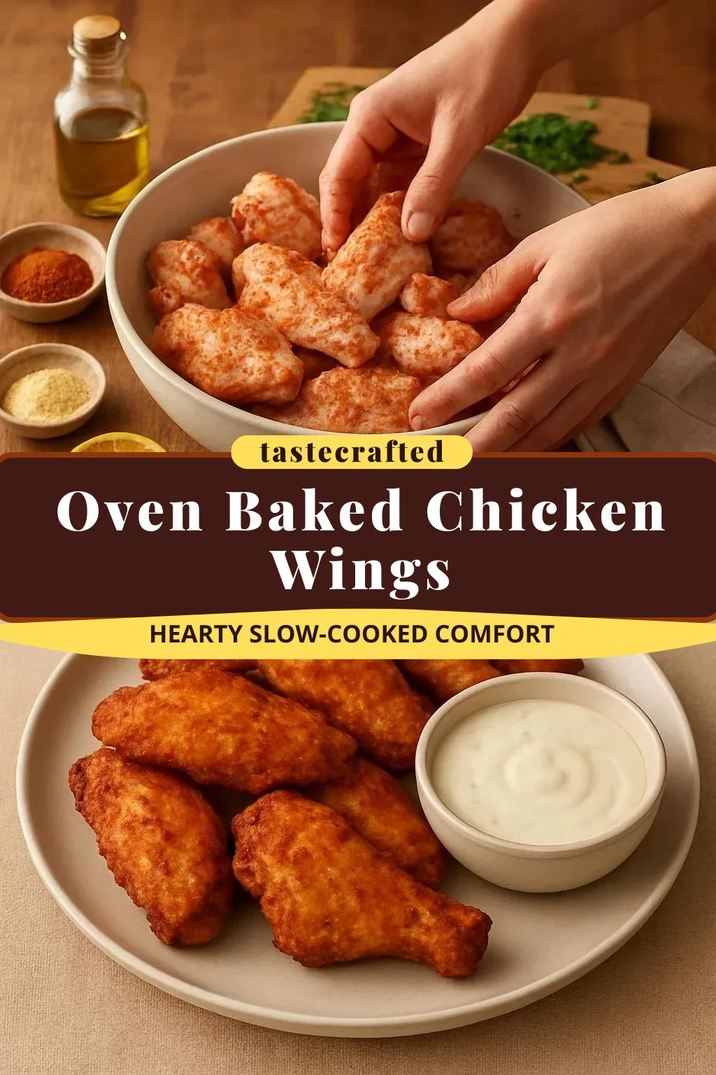 Crispy oven baked chicken wings served with dipping sauce