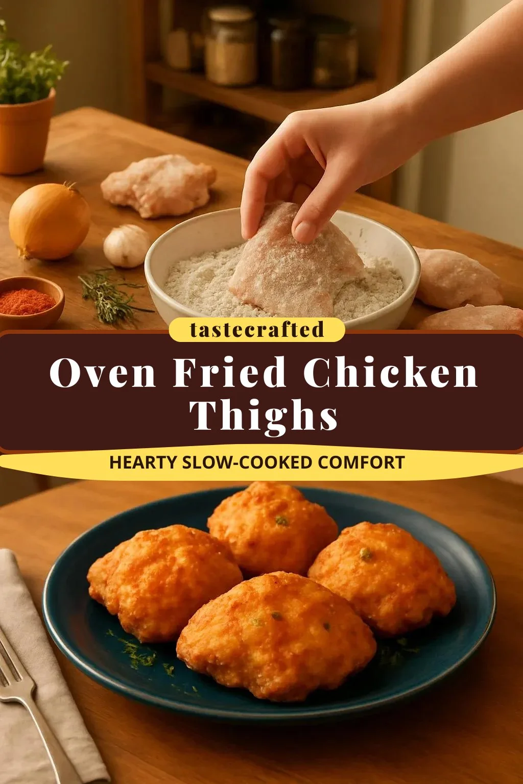 Golden brown Oven Fried Chicken Thighs cooked to crispy perfection.