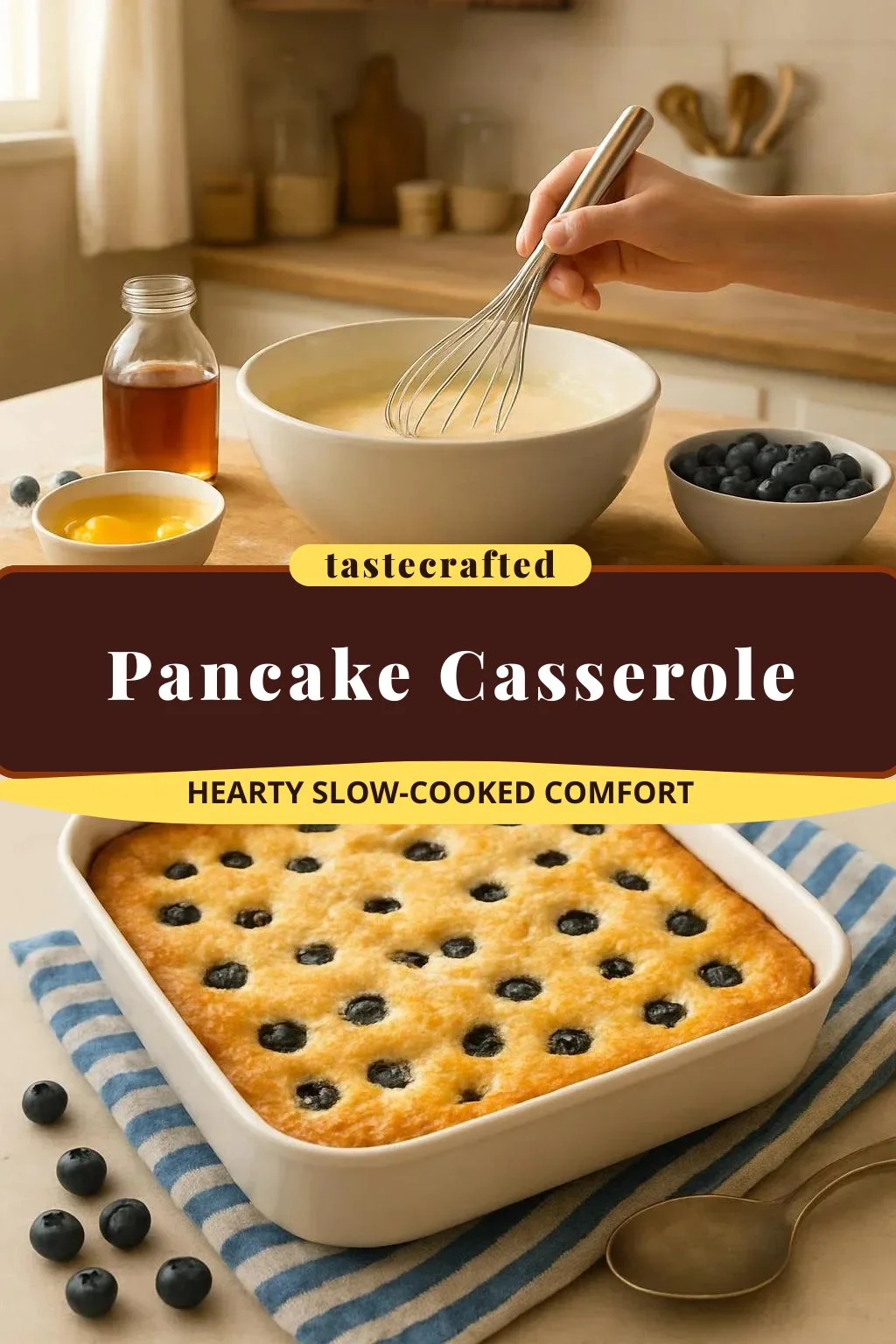 Delicious pancake casserole baked to perfection, topped with maple syrup.