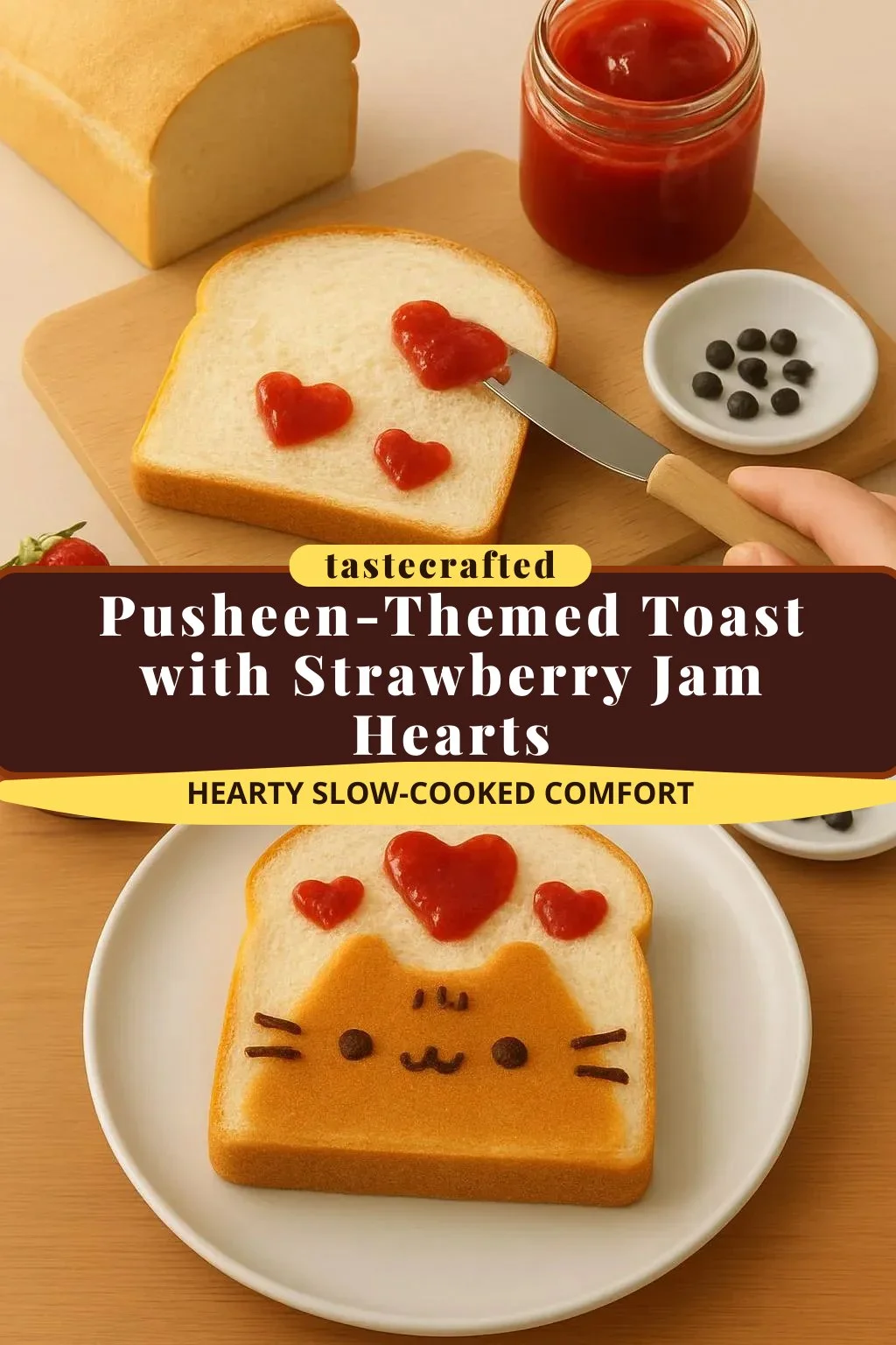 Pusheen-Themed Toast with Strawberry Jam Hearts