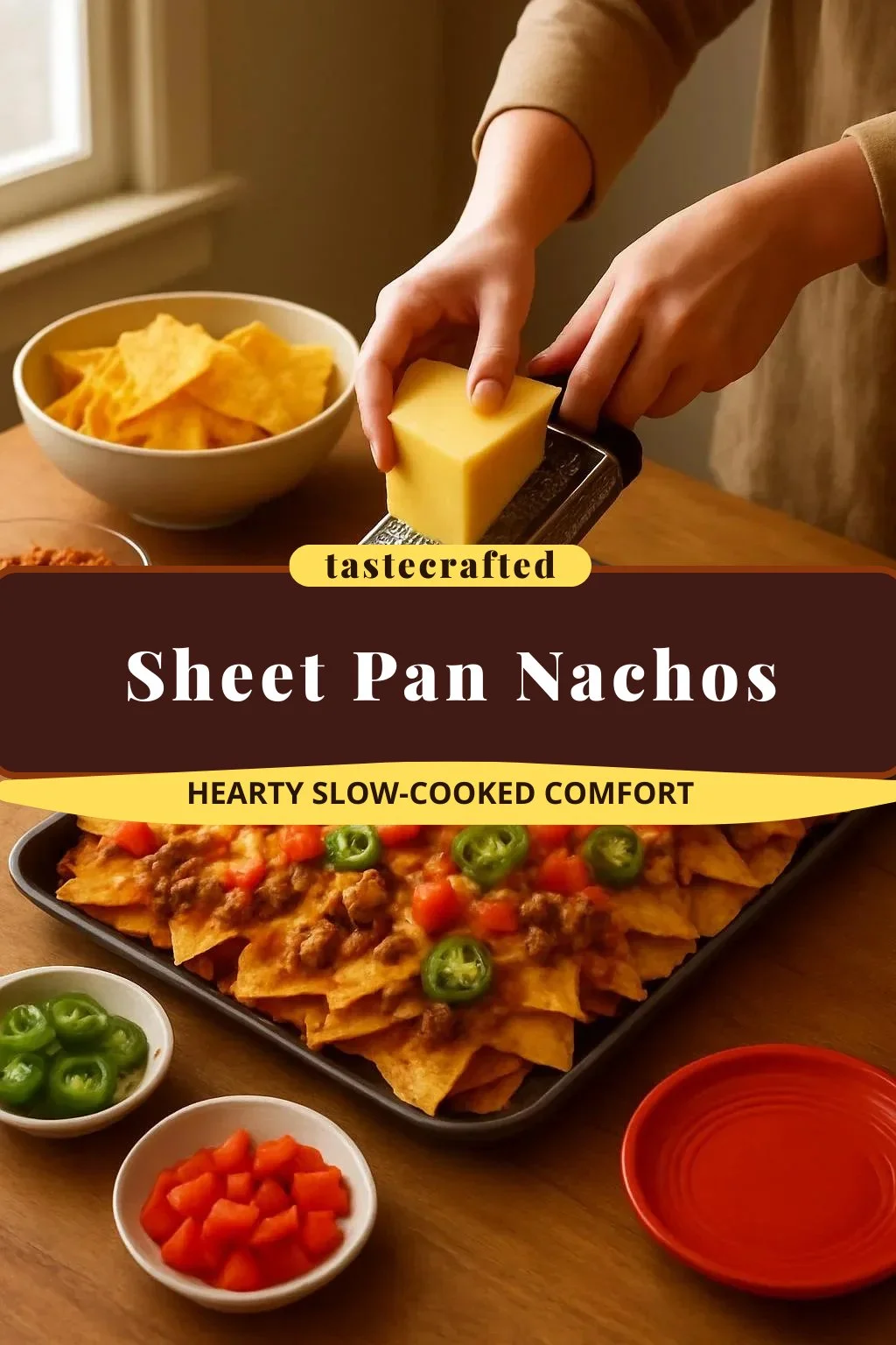 Delicious sheet pan nachos topped with cheese, jalapeños, and fresh ingredients.