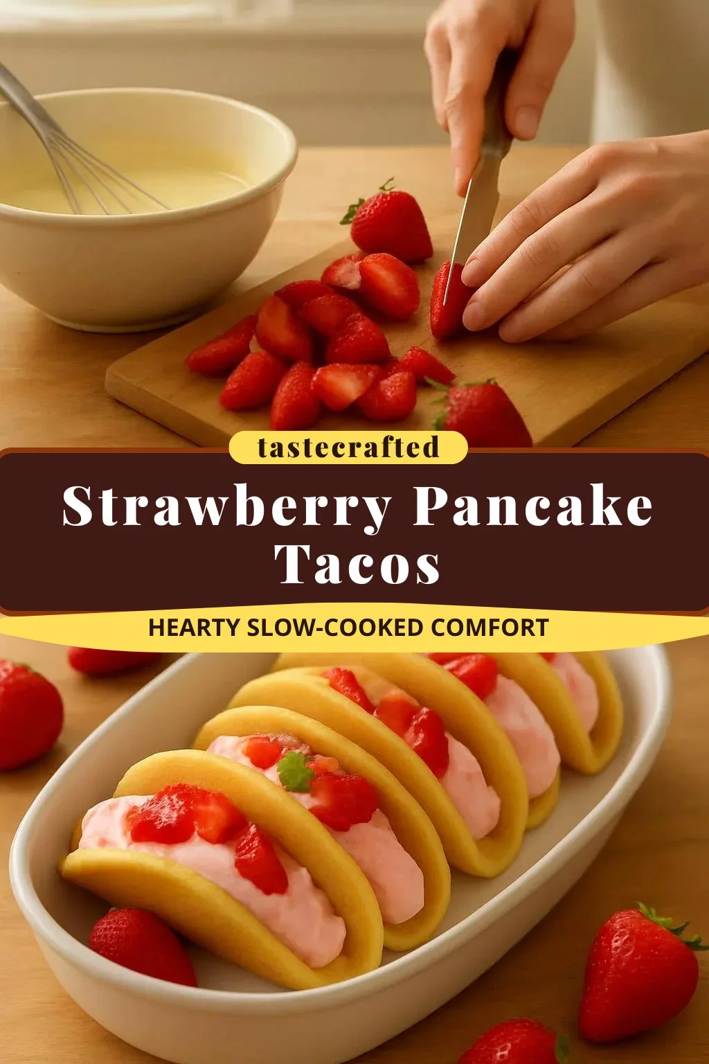 Delicious strawberry pancake tacos served with whipped cream and fresh strawberries.